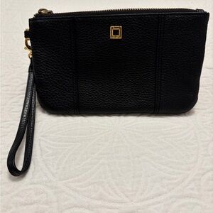 Lodis Black Pebbled Leather Wristlet Clutch with Gold Accent